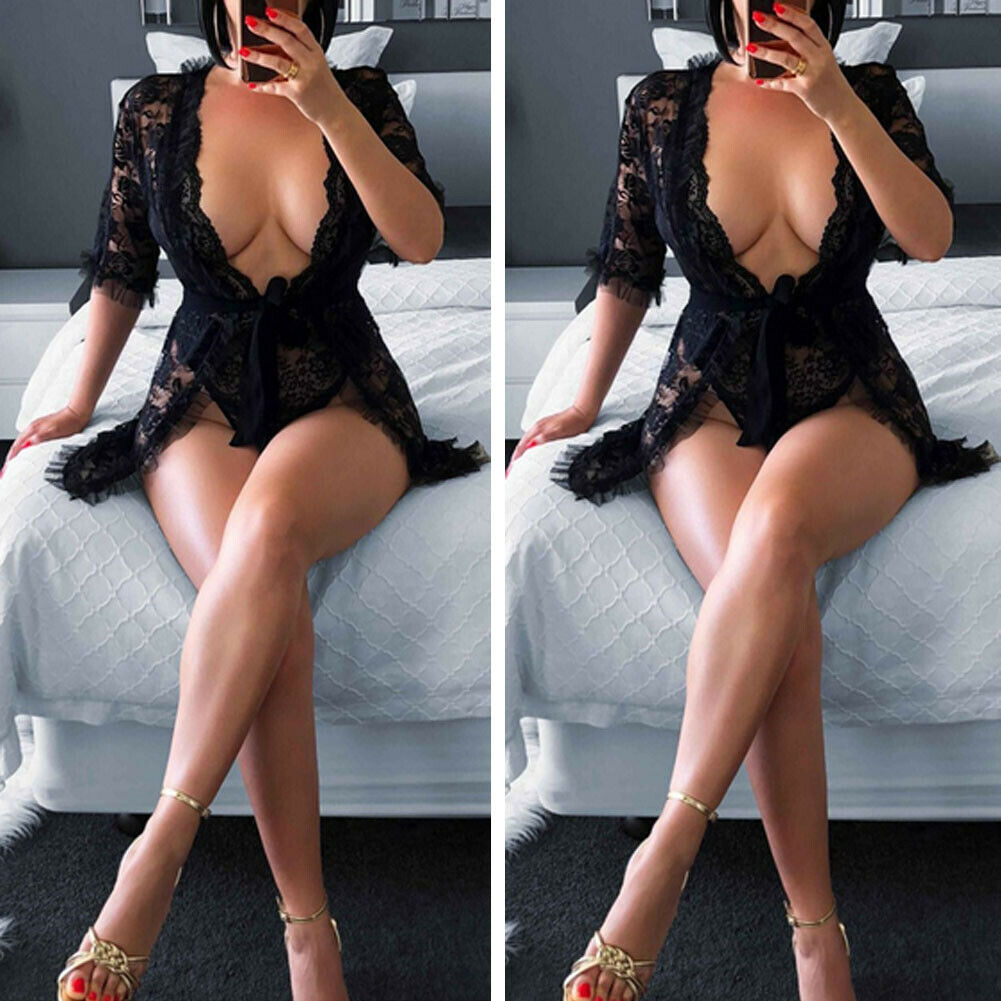 Sexy Lingerie Ladies Black Lace Robe Sleepwear Dress See Through Female Floral Babydoll Nightgown
